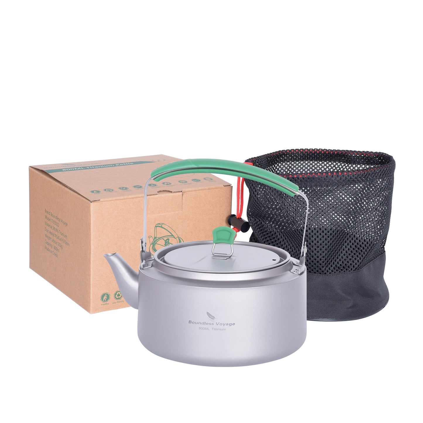 Boundless Voyage 800ml / 1200ml Single-Layer Pure Titanium Kettle with Foldable Handle & Filter, Large Capacity Camping Teapot Ti3101D/Ti3102D