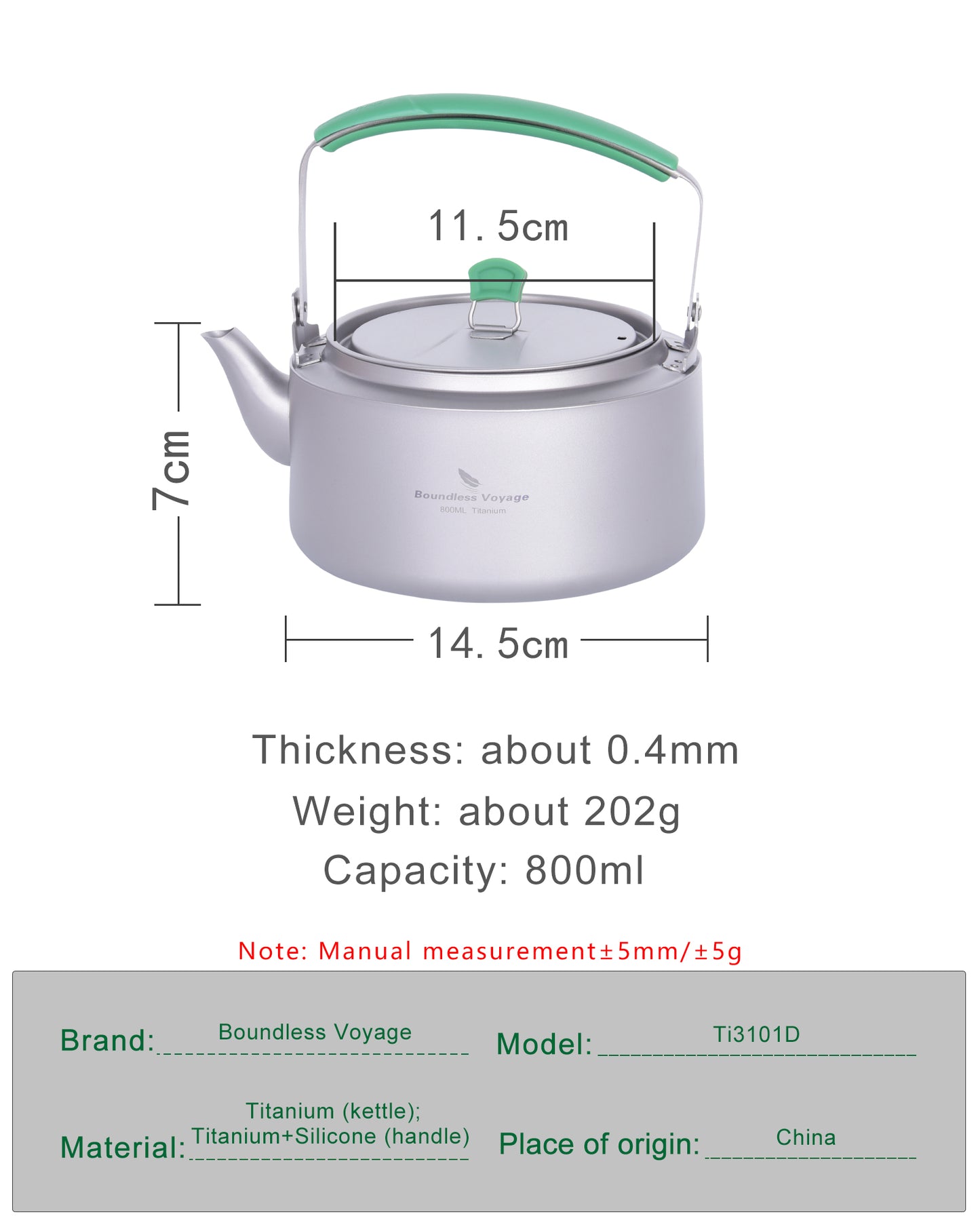 Boundless Voyage 800ml / 1200ml Single-Layer Pure Titanium Kettle with Foldable Handle & Filter, Large Capacity Camping Teapot Ti3101D/Ti3102D