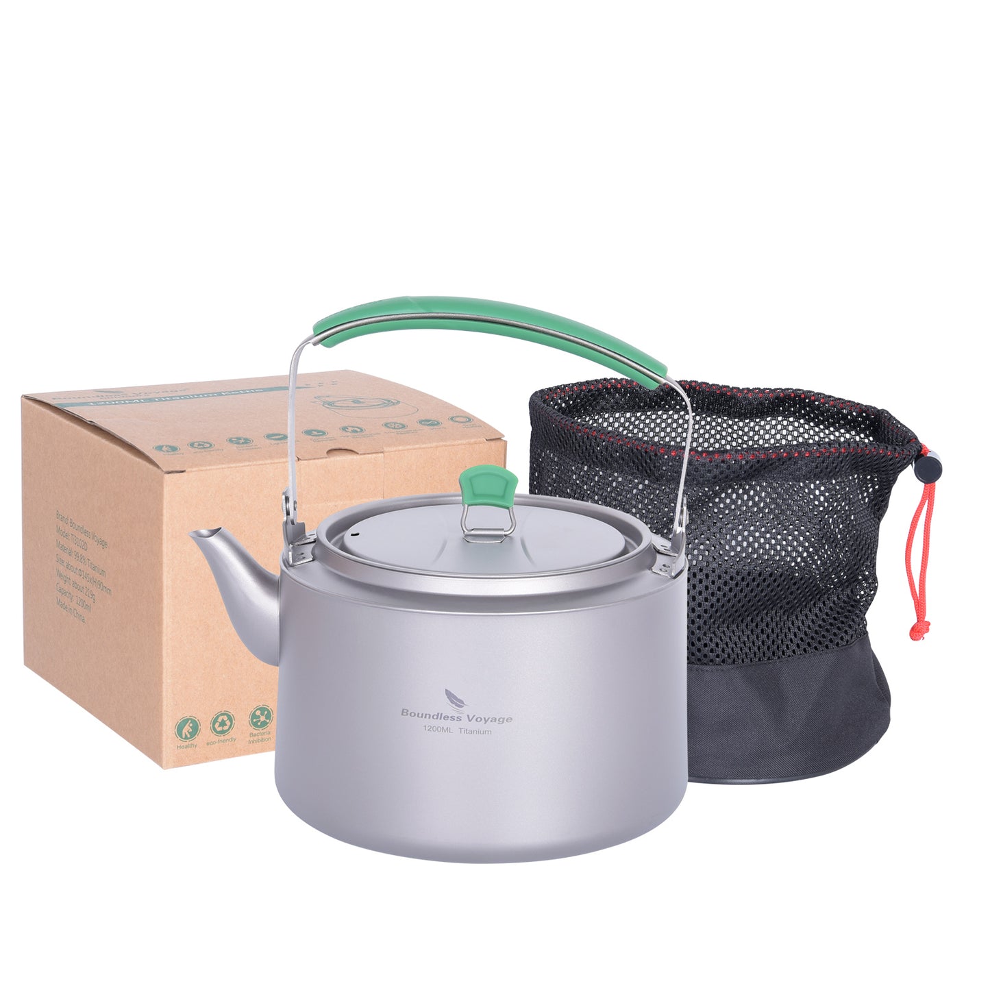 Boundless Voyage 800ml / 1200ml Single-Layer Pure Titanium Kettle with Foldable Handle & Filter, Large Capacity Camping Teapot Ti3101D/Ti3102D