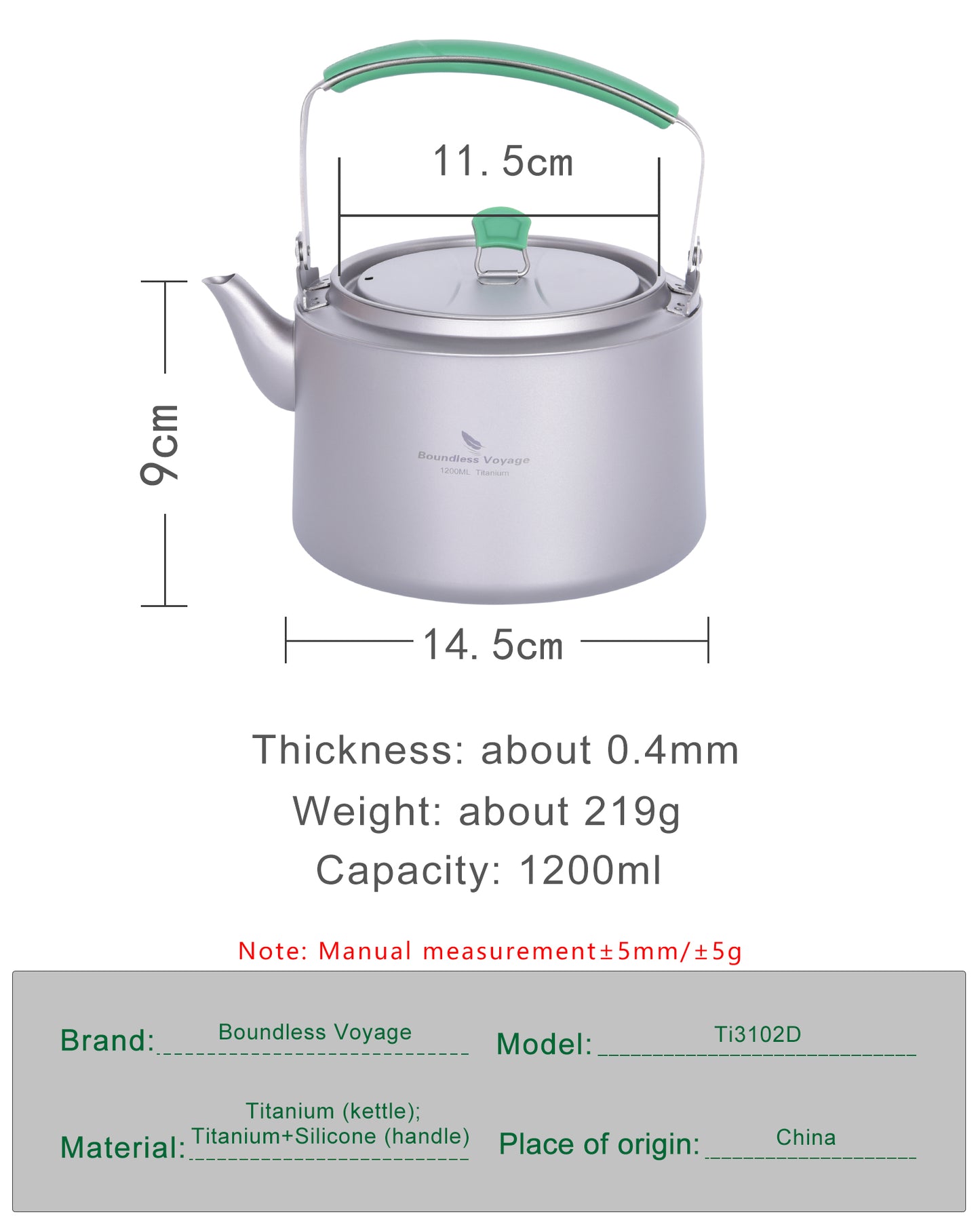 Boundless Voyage 800ml / 1200ml Single-Layer Pure Titanium Kettle with Foldable Handle & Filter, Large Capacity Camping Teapot Ti3101D/Ti3102D
