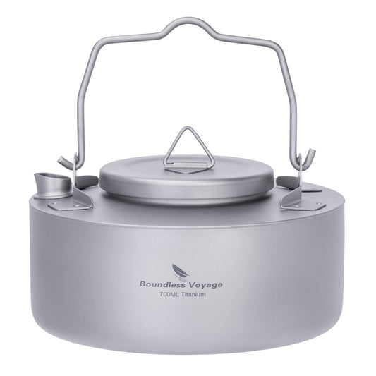 Boundless Voyage 700ml Ultralight Titanium Camping Kettle with Foldable Handle, Single-Layer Open Fire Bushcraft Water Pot Ti3103D / Ti3104D