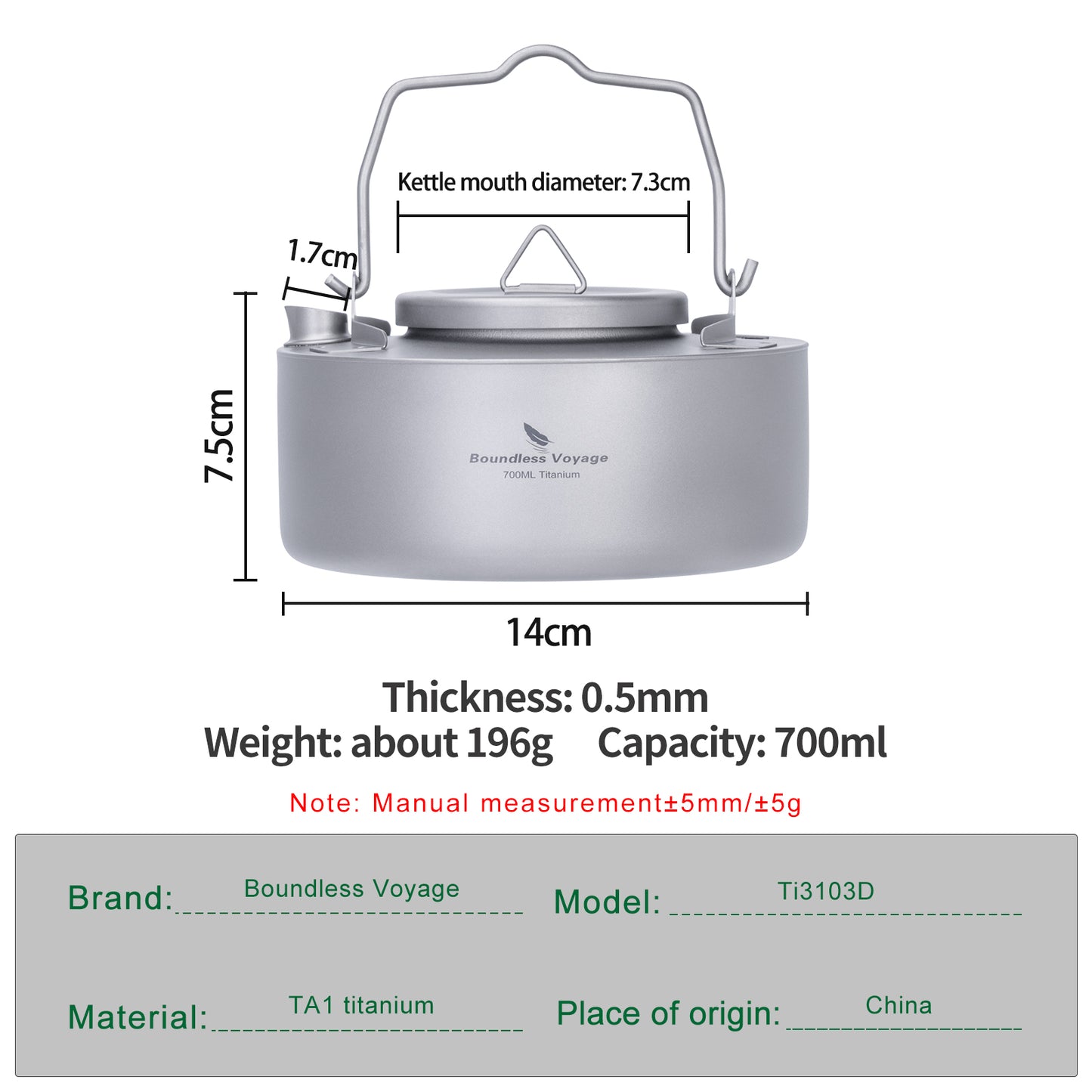Boundless Voyage 700ml Ultralight Titanium Camping Kettle with Foldable Handle, Single-Layer Open Fire Bushcraft Water Pot Ti3103D / Ti3104D