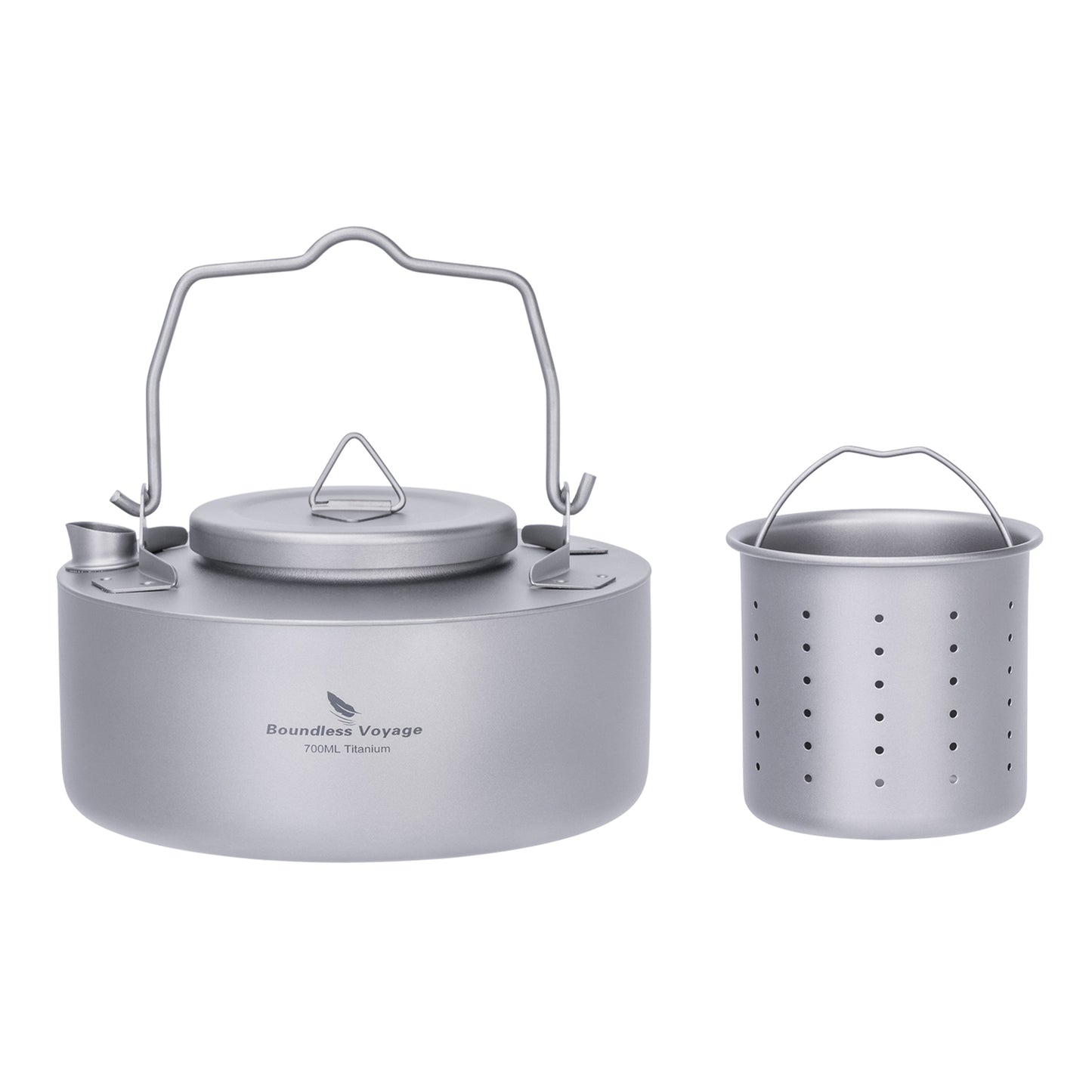 Boundless Voyage 700ml Ultralight Titanium Camping Kettle with Foldable Handle, Single-Layer Open Fire Bushcraft Water Pot Ti3103D / Ti3104D