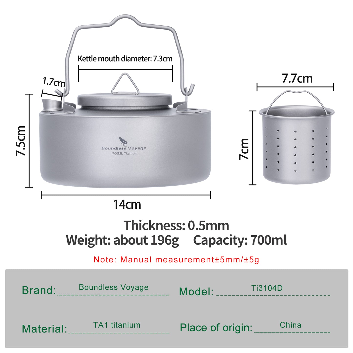 Boundless Voyage 700ml Ultralight Titanium Camping Kettle with Foldable Handle, Single-Layer Open Fire Bushcraft Water Pot Ti3103D / Ti3104D