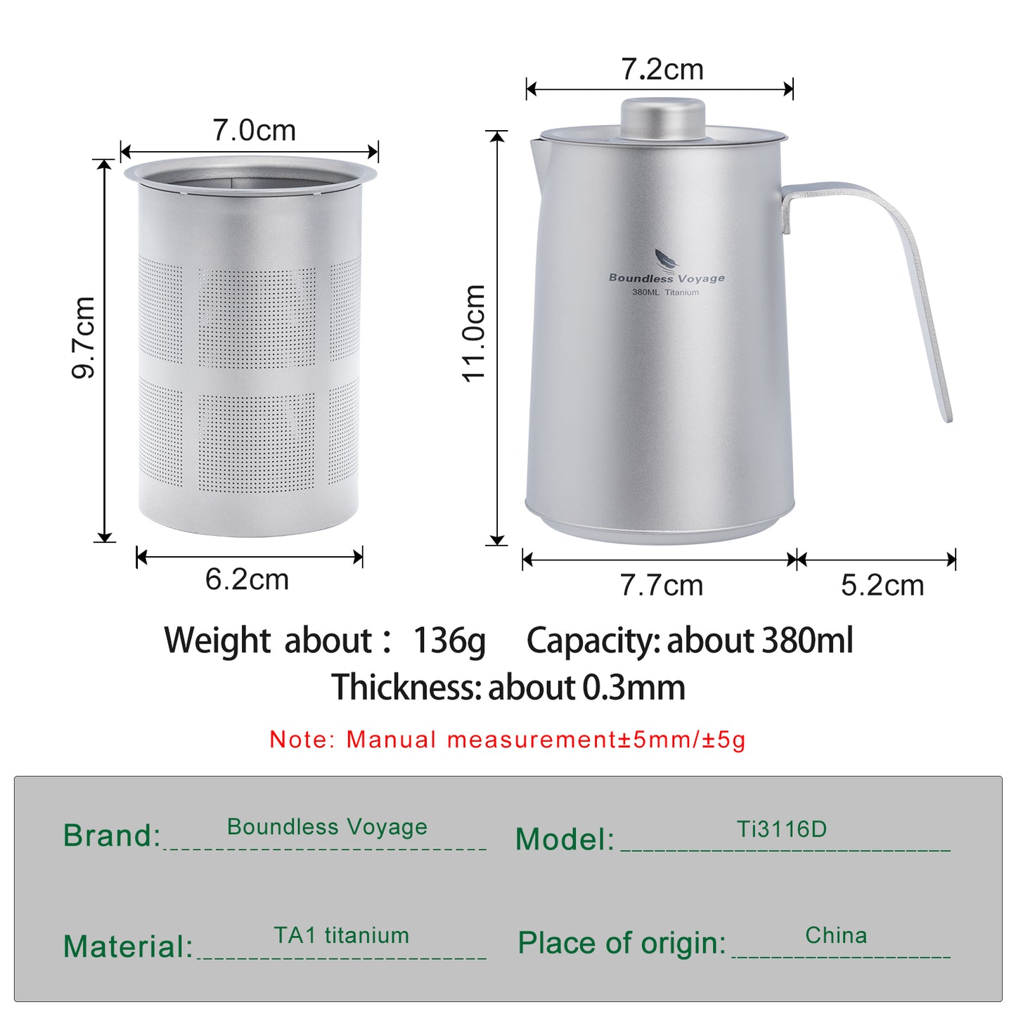 Boundless Voyage Ultralight Titanium Camping Tea Set, Portable Travel Drinkware for Picnic Hiking Home Use Ti3116D
