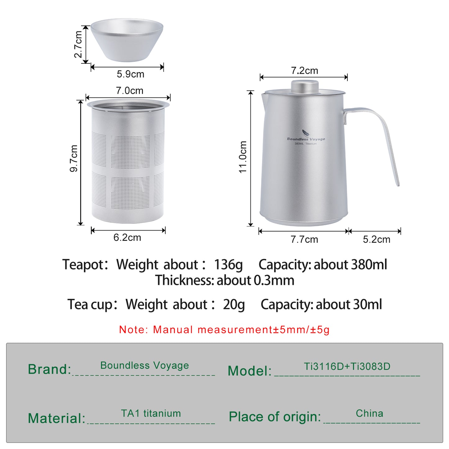 Boundless Voyage Ultralight Titanium Camping Tea Set, Portable Travel Drinkware for Picnic Hiking Home Use Ti3116D