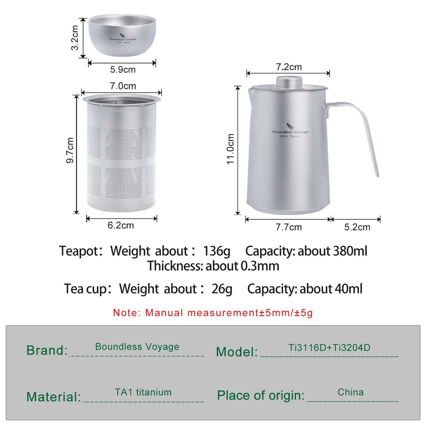 Boundless Voyage Ultralight Titanium Camping Tea Set, Portable Travel Drinkware for Picnic Hiking Home Use Ti3116D