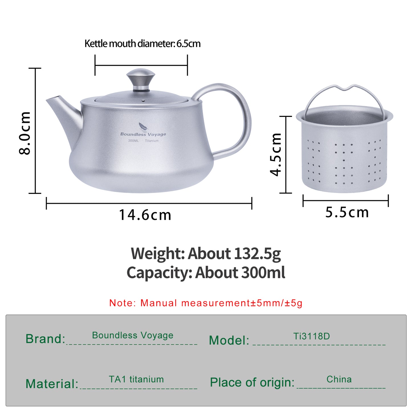 Boundless Voyage 300ml Titanium Teapot, Ultralight Portable Reusable Travel Water Pot, Compact Drinkware for Home Office, Outdoor Camping, Hiking & Picnic Ti3118D/Ti3119D