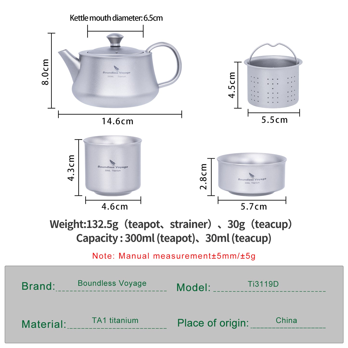 Boundless Voyage 300ml Titanium Teapot, Ultralight Portable Reusable Travel Water Pot, Compact Drinkware for Home Office, Outdoor Camping, Hiking & Picnic Ti3118D/Ti3119D