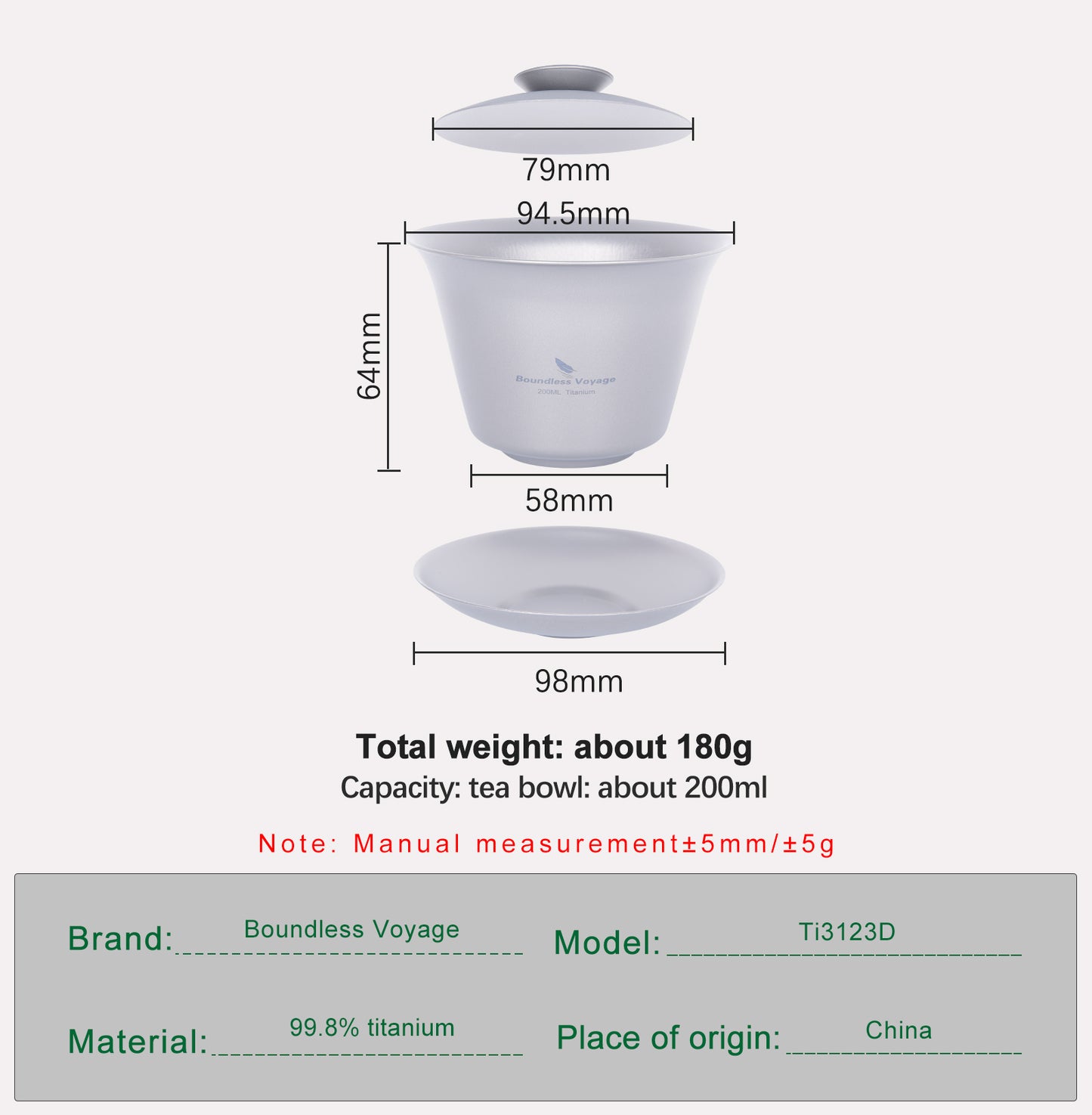 Boundless Voyage Double Walled Titanium Gaiwan, Traditional Chinese Kung Fu Tea Bowl with Lid & Saucer, Ultralight Durable Portable Tea Set for Home Tea Ceremony & Outdoor Camping Ti3123D-Ti3124D