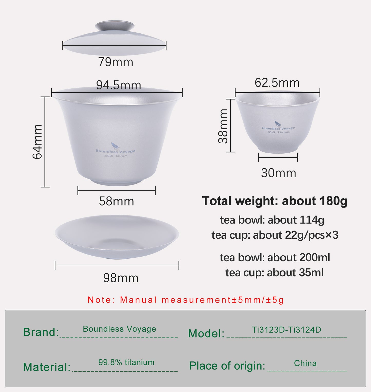Boundless Voyage Double Walled Titanium Gaiwan, Traditional Chinese Kung Fu Tea Bowl with Lid & Saucer, Ultralight Durable Portable Tea Set for Home Tea Ceremony & Outdoor Camping Ti3123D-Ti3124D
