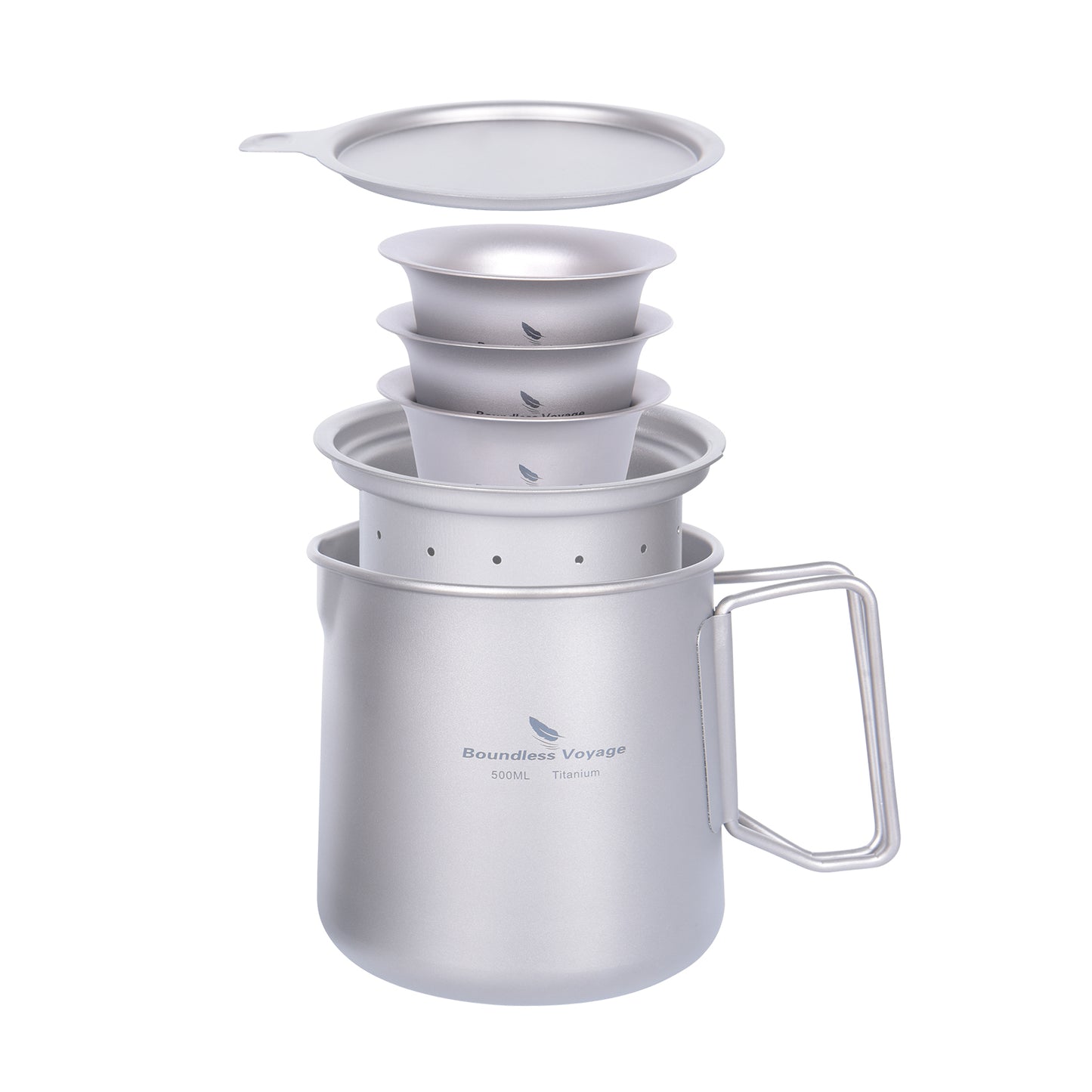 Boundless Voyage Pure Titanium Tea Mug Set, 500ml Cup with Lid, Scale & Strainer, Foldable Handle + Two 40ml Mini Teacups, Compact Camping Kit with Storage Bag Ti3126D