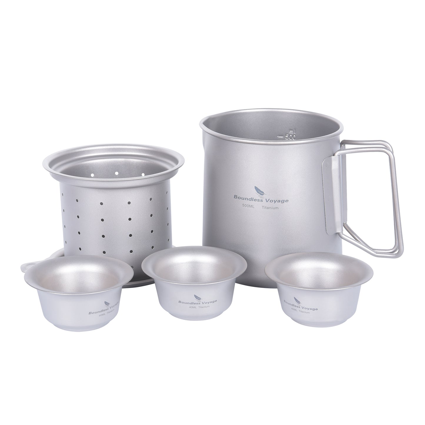 Boundless Voyage Pure Titanium Tea Mug Set, 500ml Cup with Lid, Scale & Strainer, Foldable Handle + Two 40ml Mini Teacups, Compact Camping Kit with Storage Bag Ti3126D