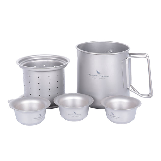Boundless Voyage Pure Titanium Tea Mug Set, 500ml Cup with Lid, Scale & Strainer, Foldable Handle + Two 40ml Mini Teacups, Compact Camping Kit with Storage Bag Ti3126D