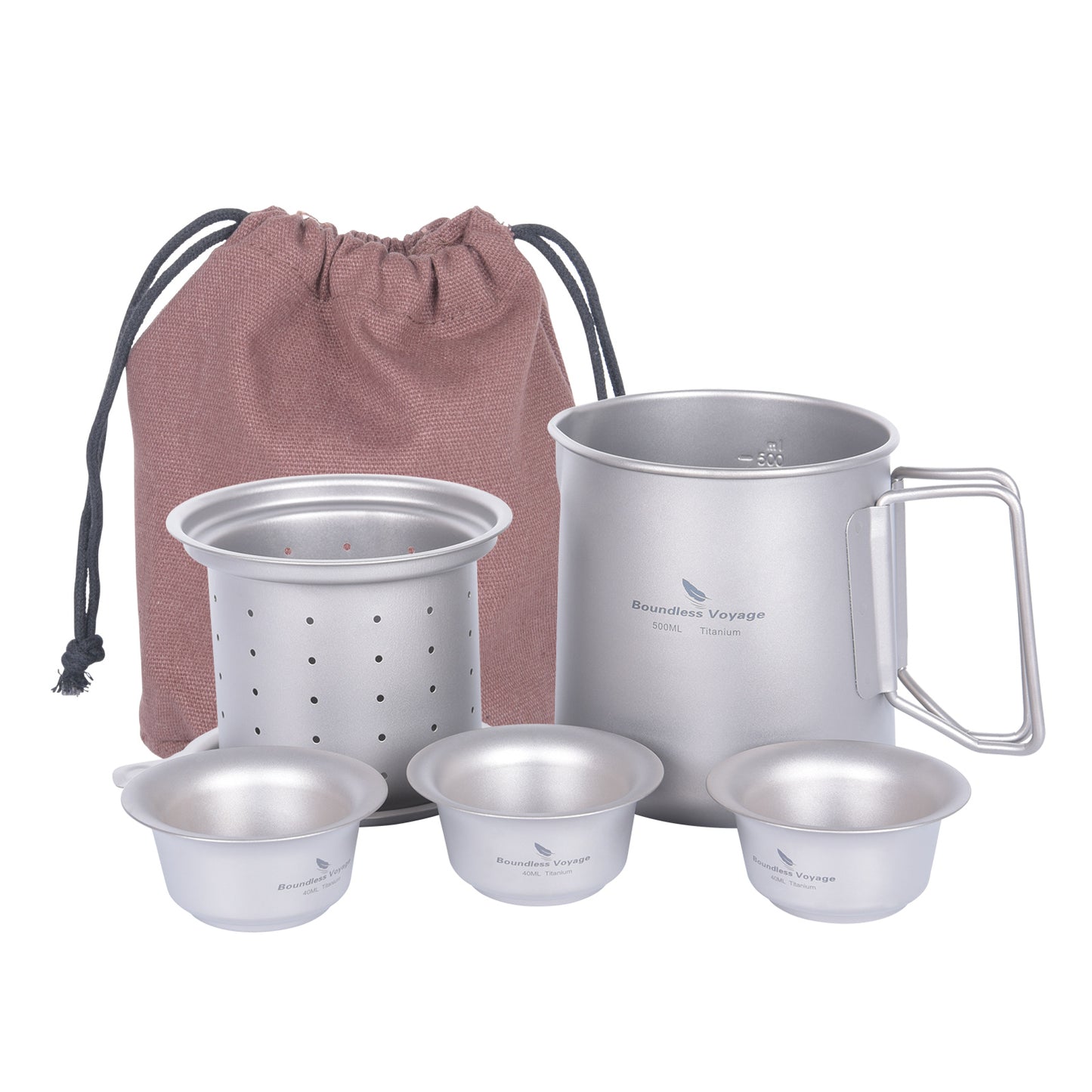 Boundless Voyage Pure Titanium Tea Mug Set, 500ml Cup with Lid, Scale & Strainer, Foldable Handle + Two 40ml Mini Teacups, Compact Camping Kit with Storage Bag Ti3126D
