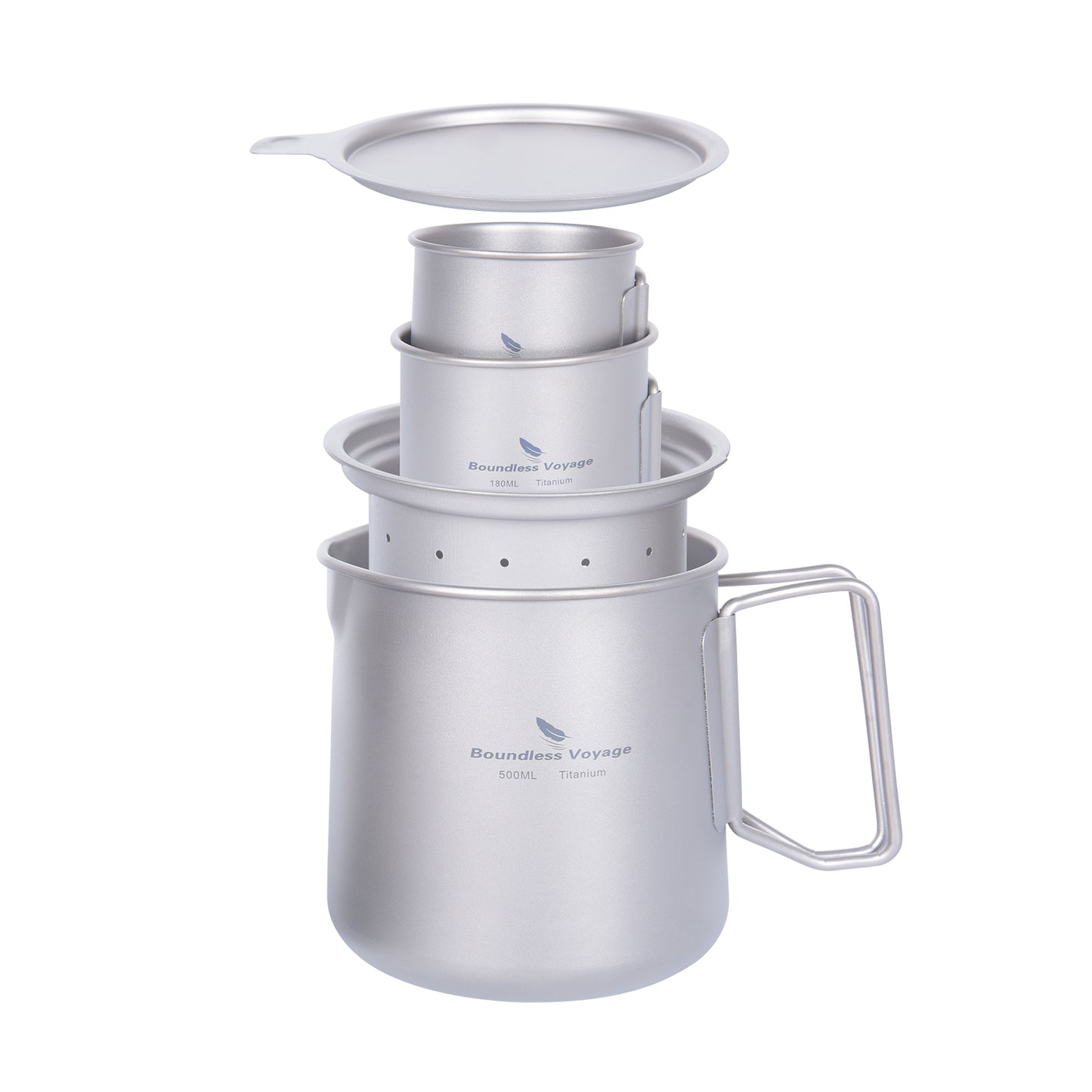 Boundless Voyage Ultralight Titanium Camping Pot Set, 500ml Mug with Portable Foldable Handles & 2pcs Small Cups, Outdoor Cookware for Hiking Backpacking Travel Ti3127D