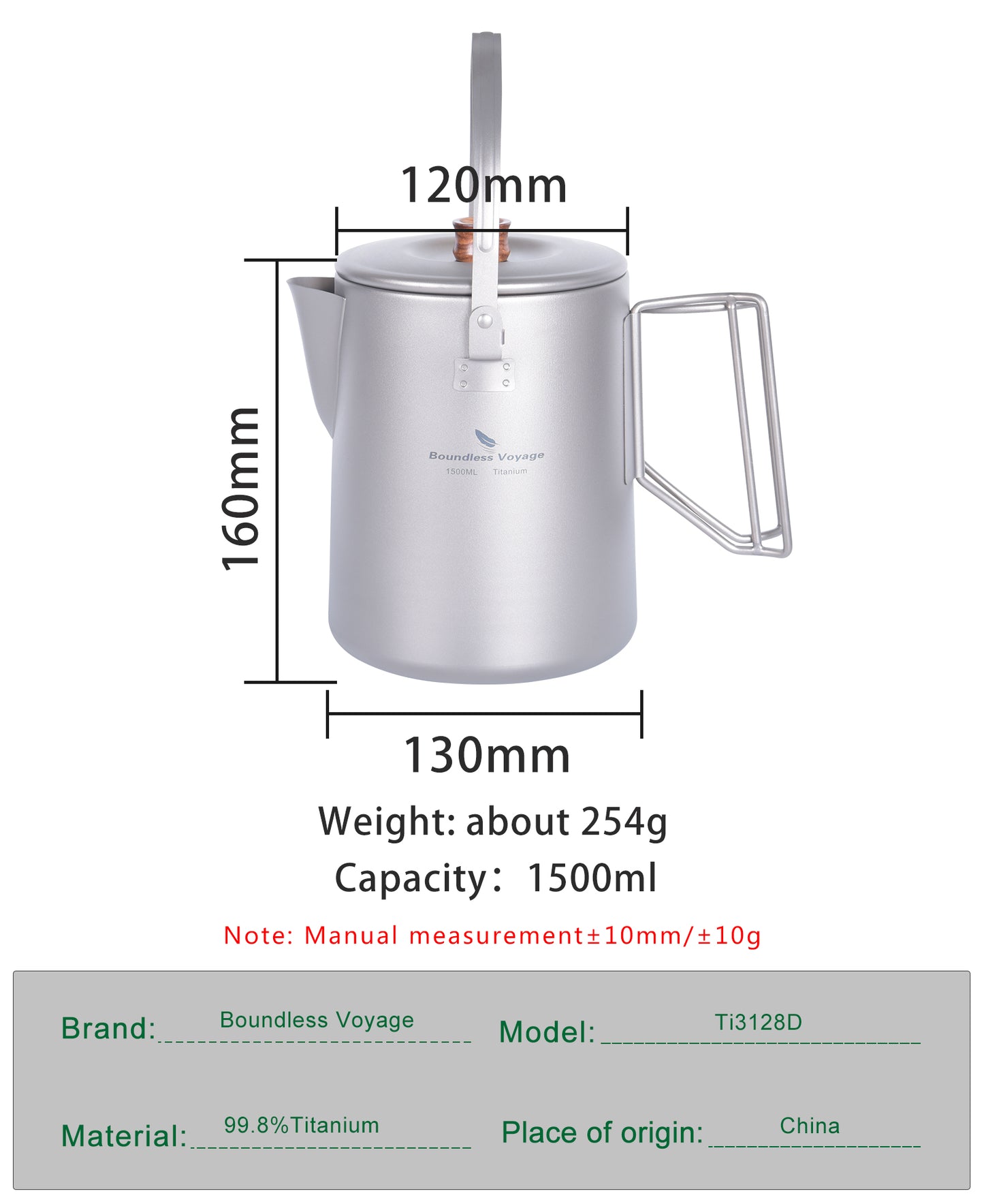 Boundless Voyage 1.5L Titanium Camping Coffee Pot, Stovetop & Campfire Safe Fast Brew Kettle for Boiling Water, Outdoor Travel & Barista Brewing Ti3128D/Ti3129D