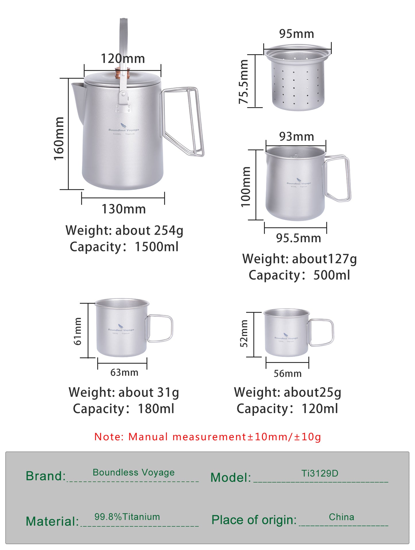 Boundless Voyage 1.5L Titanium Camping Coffee Pot, Stovetop & Campfire Safe Fast Brew Kettle for Boiling Water, Outdoor Travel & Barista Brewing Ti3128D/Ti3129D
