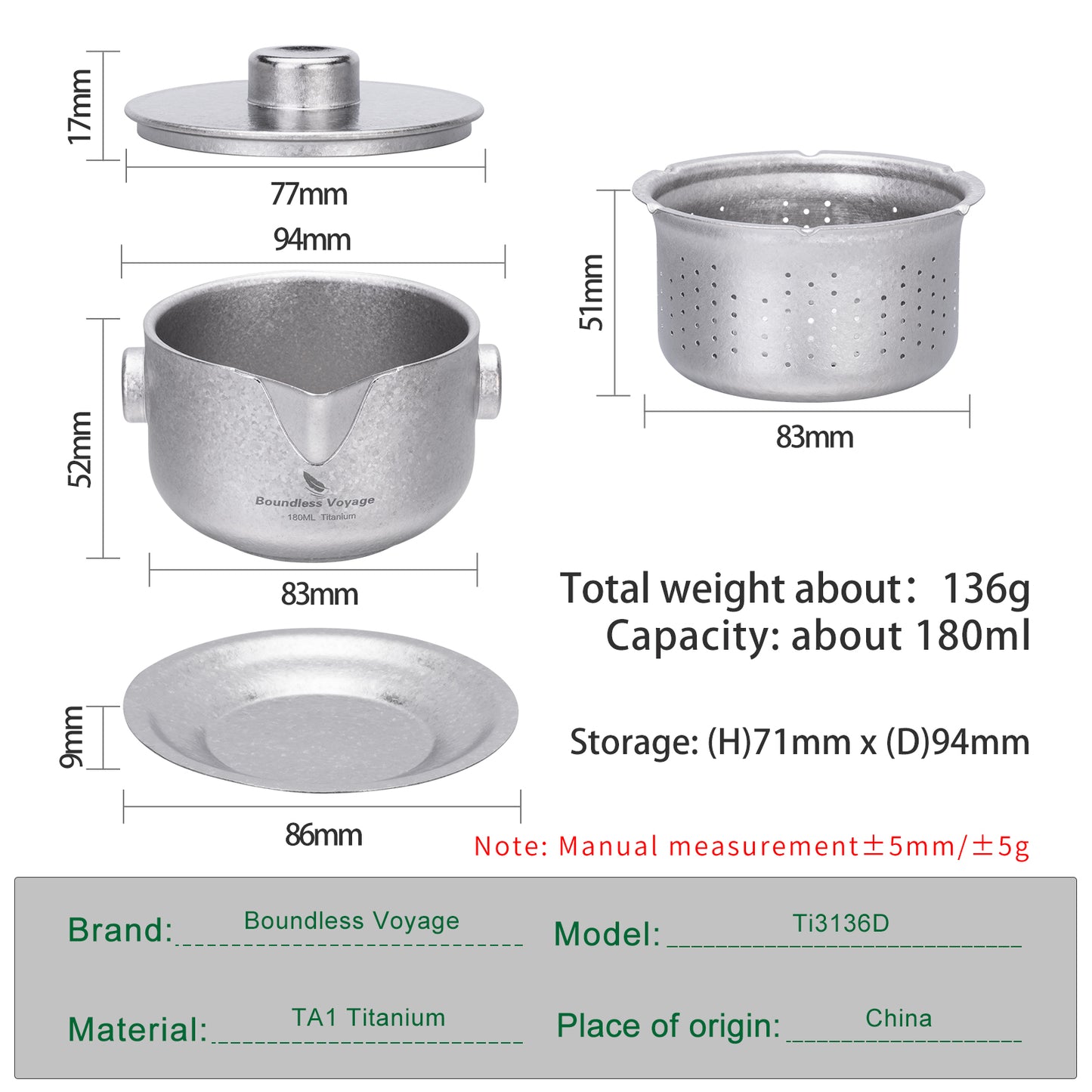 Boundless Voyage 180ml Crystalline Finish Titanium Double-Layer Tea Maker with Lid Filter Ultralight Teapot with Double-Walled Anti-scalding Coffee Cup MugTi3136D / Ti3137D