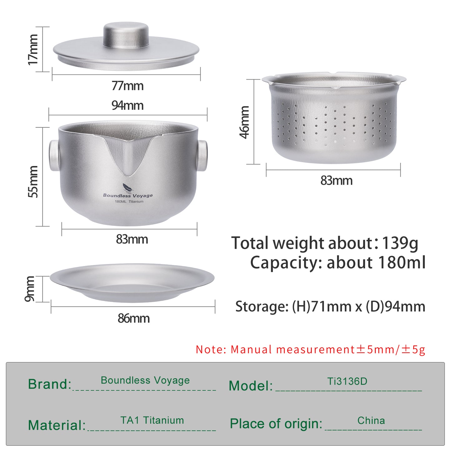Boundless Voyage 180ml Titanium Tea Maker with Filter & Lid, Double-Wall Anti-Scald Teapot for Camping & Travel Ti3136D / Ti3137D