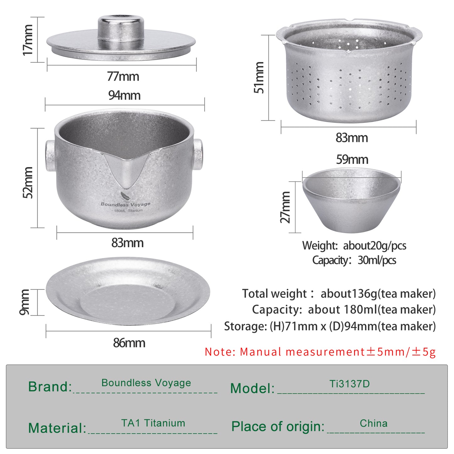 Boundless Voyage 180ml Crystalline Finish Titanium Double-Layer Tea Maker with Lid Filter Ultralight Teapot with Double-Walled Anti-scalding Coffee Cup MugTi3136D / Ti3137D