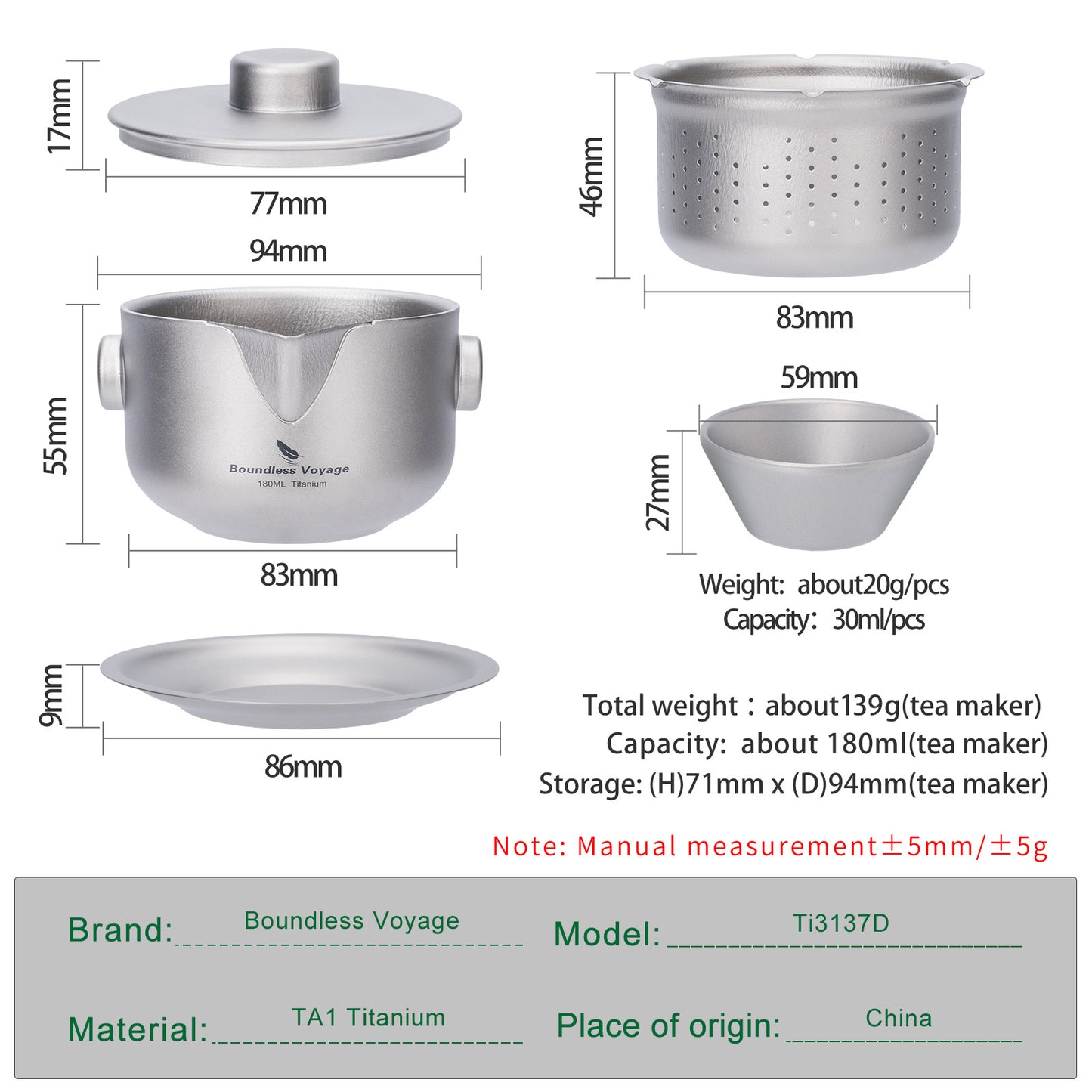 Boundless Voyage 180ml Titanium Tea Maker with Filter & Lid, Double-Wall Anti-Scald Teapot for Camping & Travel Ti3136D / Ti3137D