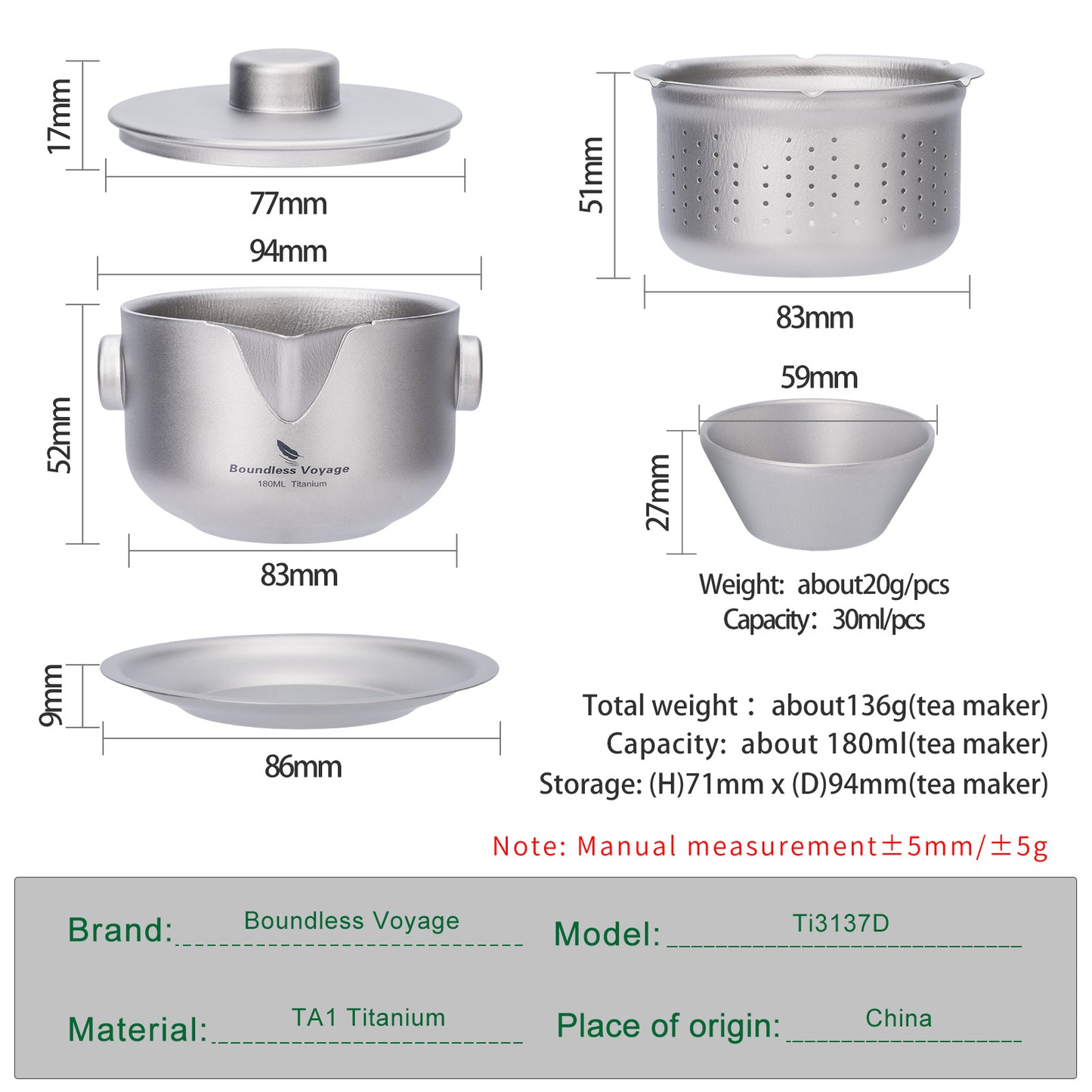Boundless Voyage 180ml Sandblasted Finish Titanium Double-Layer Tea Maker with Lid Filter Ultralight Teapot with Double-Walled Anti-scalding Coffee Cup MugTi3136D / Ti3137D
