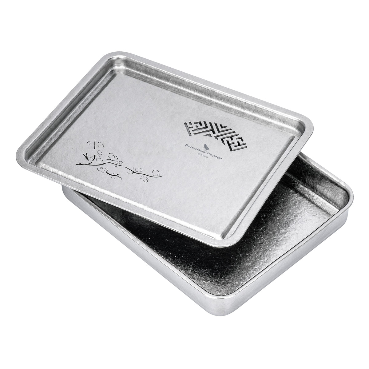 Two-piece titanium tea tray design showing removable drainage top and lower wastewater basin