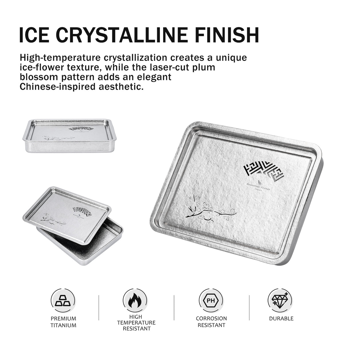 Ice crystalline finish and plum blossom pattern feature highlights of titanium tea tray