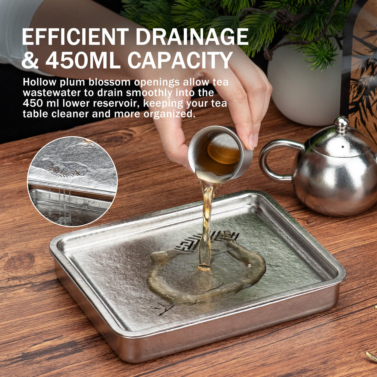 Efficient plum blossom drainage and 450ml reservoir on titanium tea tray catching tea wastewater