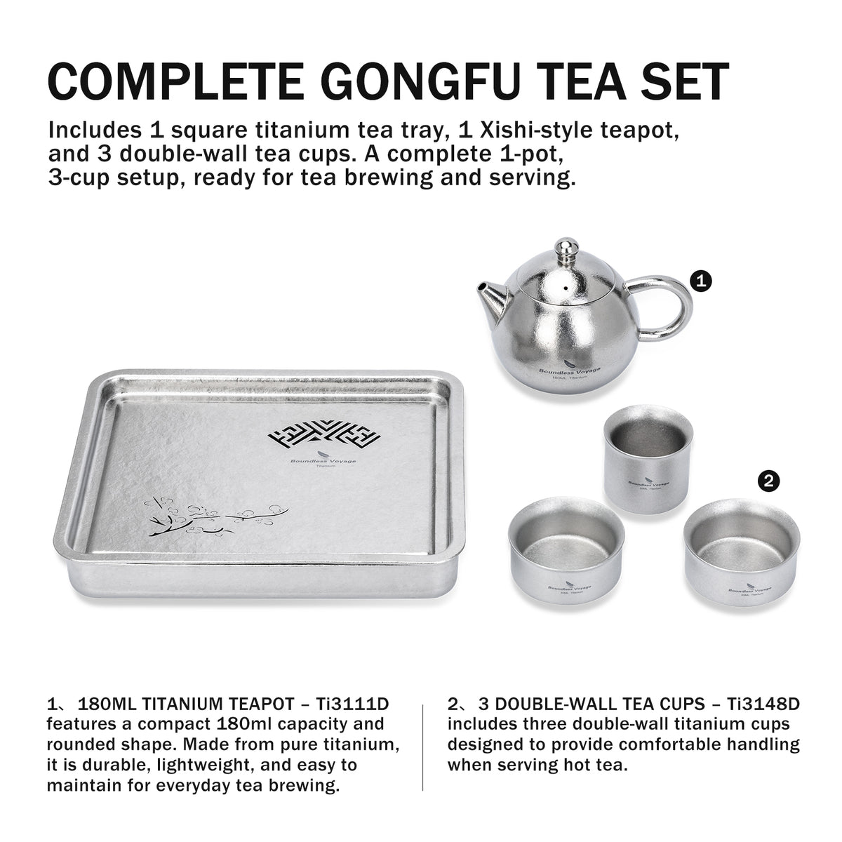 Complete Gongfu tea set breakdown featuring 180ml titanium teapot and 3 double-wall tea cups