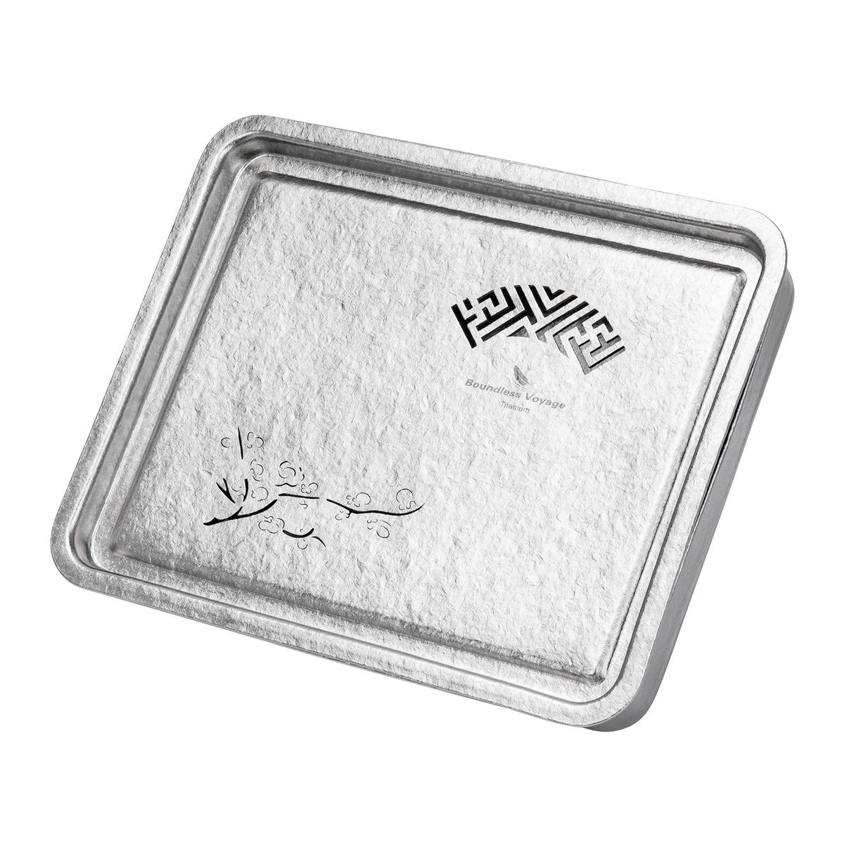 Pure titanium square tea tray Ti3215D with ice-flower crystalline texture and plum blossom pattern