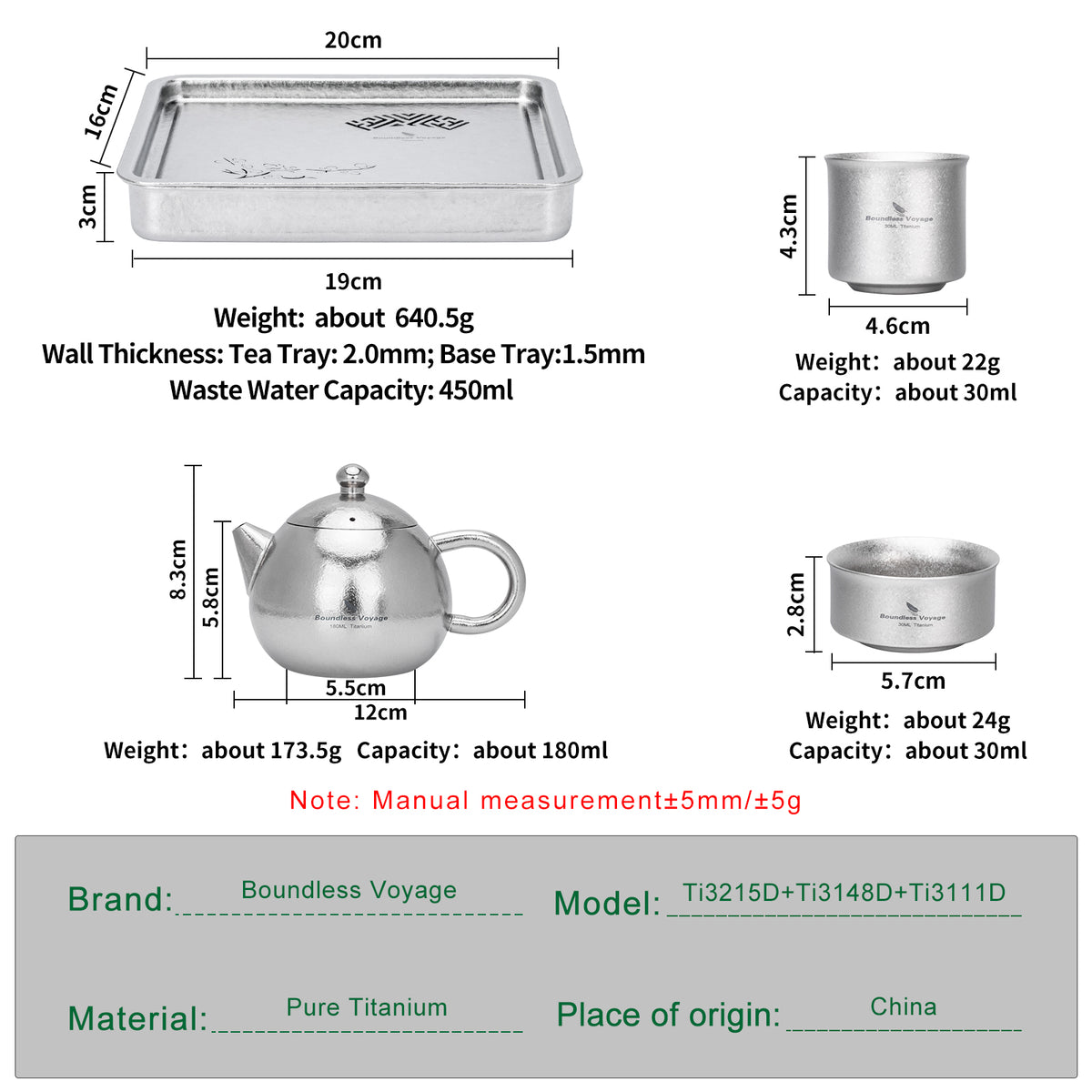 Dimensions, capacity, and weight specifications diagram for Ti3215D tea tray, Ti3111D teapot, and Ti3148D cups