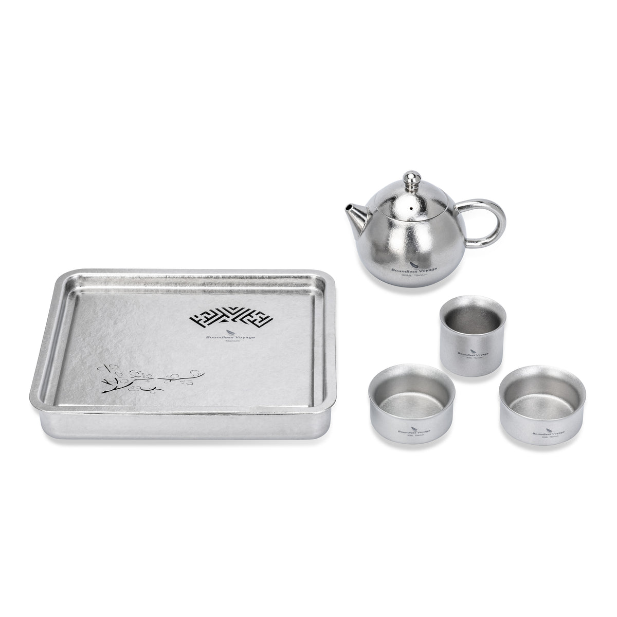 Dimensions, capacity, and weight specifications diagram for Ti3215D tea tray, Ti3111D teapot, and Ti3148D cups