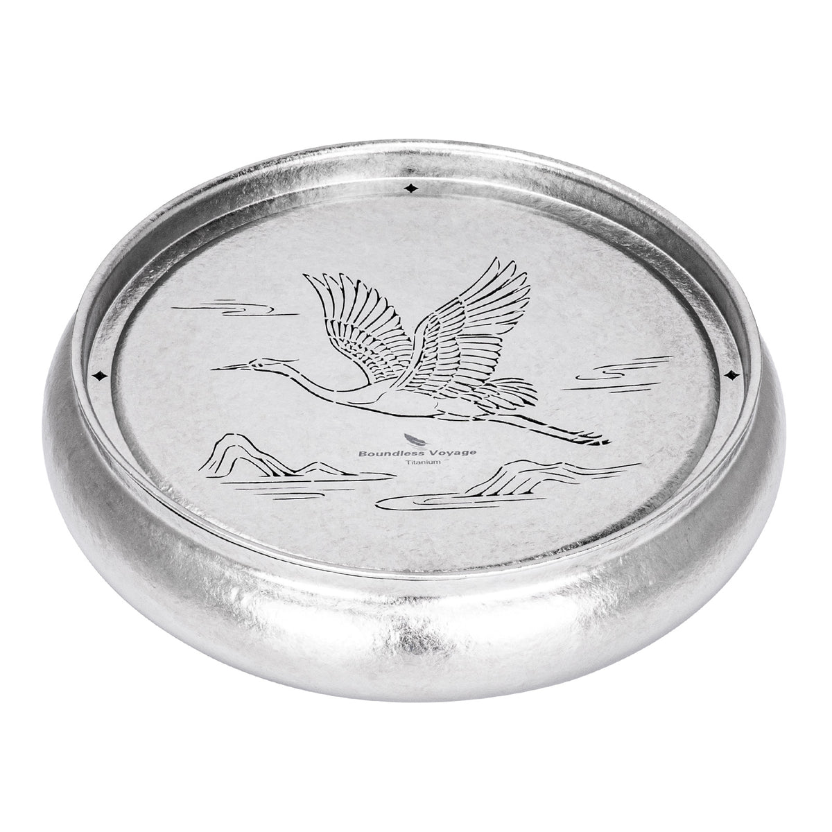 Pure titanium round tea tray Ti3216D with ice crystalline finish and flying crane design