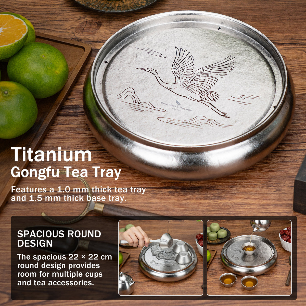 Spacious 22cm round titanium tea tray Ti3215D set up on a wooden table for tea sessions