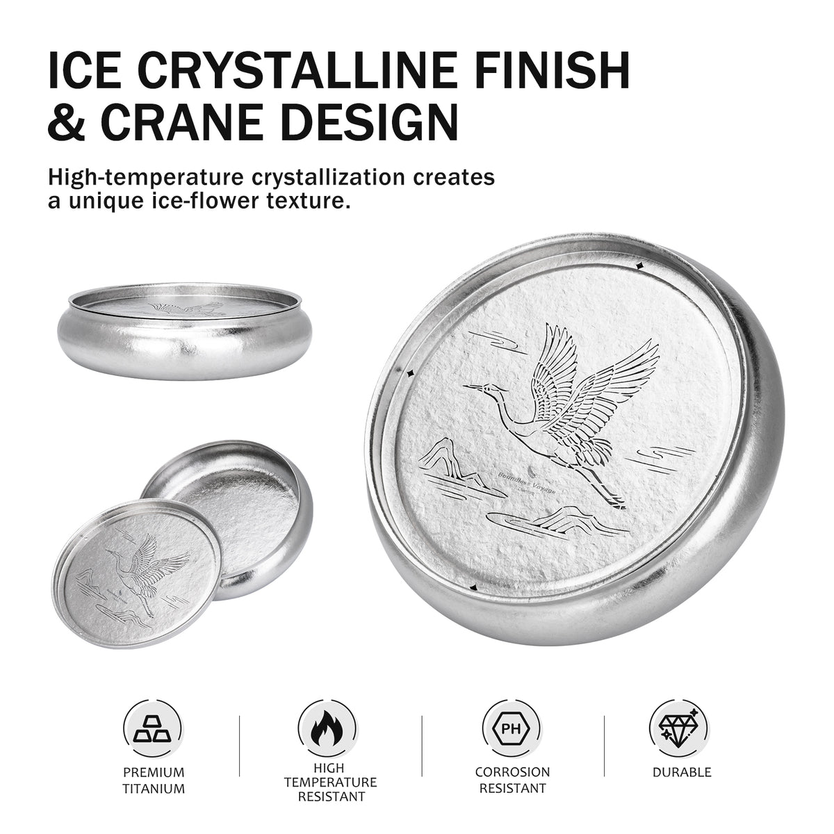 Ice crystalline finish and laser-cut flying crane design on titanium round tea tray
