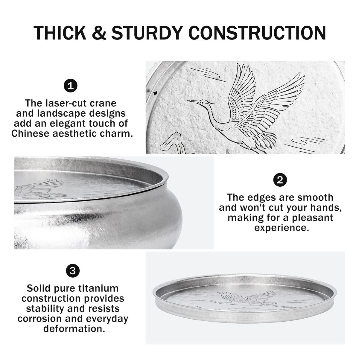 Close-up details of smooth rolled edges and solid pure titanium build of round tea tray