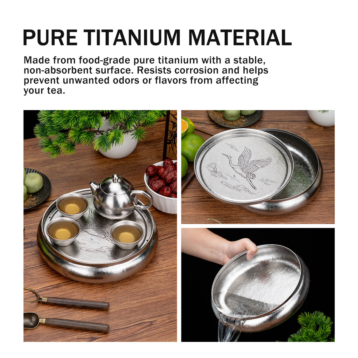 Pure titanium food-grade material preserving tea flavor and wastewater disposal from round tray