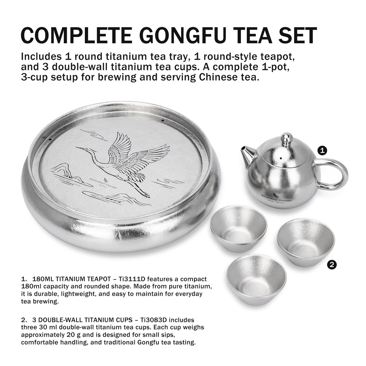 Complete Gongfu tea set breakdown featuring 180ml titanium teapot and 3 double-wall cups Ti3083D