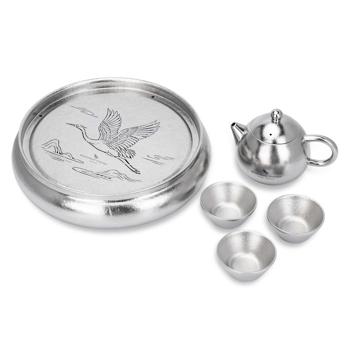 Boundless Voyage pure titanium Gongfu tea set with round tea tray, teapot, and 3 double-wall tea cups