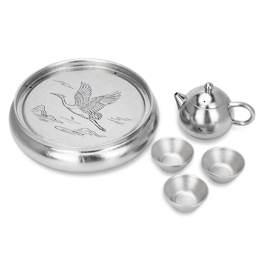Boundless Voyage Pure Titanium Gongfu Tea Set, Round Drainage Tea Tray with 180ml Teapot & 3 Double-Wall Cups Ti3216D Ti3111D Ti3083D