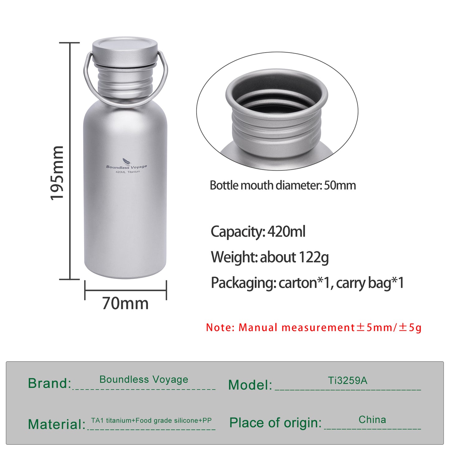 Boundless Voyage Titanium Water Bottle 420ml with Secure Lid, Leak-Proof Reusable Sport Drinking Vessel, Lightweight Outdoor Bottle for Camping, Hiking, Climbing, Running, Tea & Coffee Ti3259A