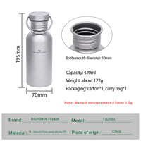 Boundless Voyage Titanium Water Bottle 420ml with Secure Lid, Leak-Proof Reusable Sport Drinking Vessel, Lightweight Outdoor Bottle for Camping, Hiking, Climbing, Running, Tea & Coffee Ti3259A
