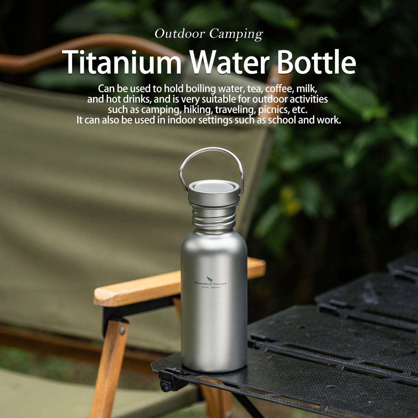 Boundless Voyage Titanium Water Bottle 420ml with Secure Lid, Leak-Proof Reusable Sport Drinking Vessel, Lightweight Outdoor Bottle for Camping, Hiking, Climbing, Running, Tea & Coffee Ti3259A