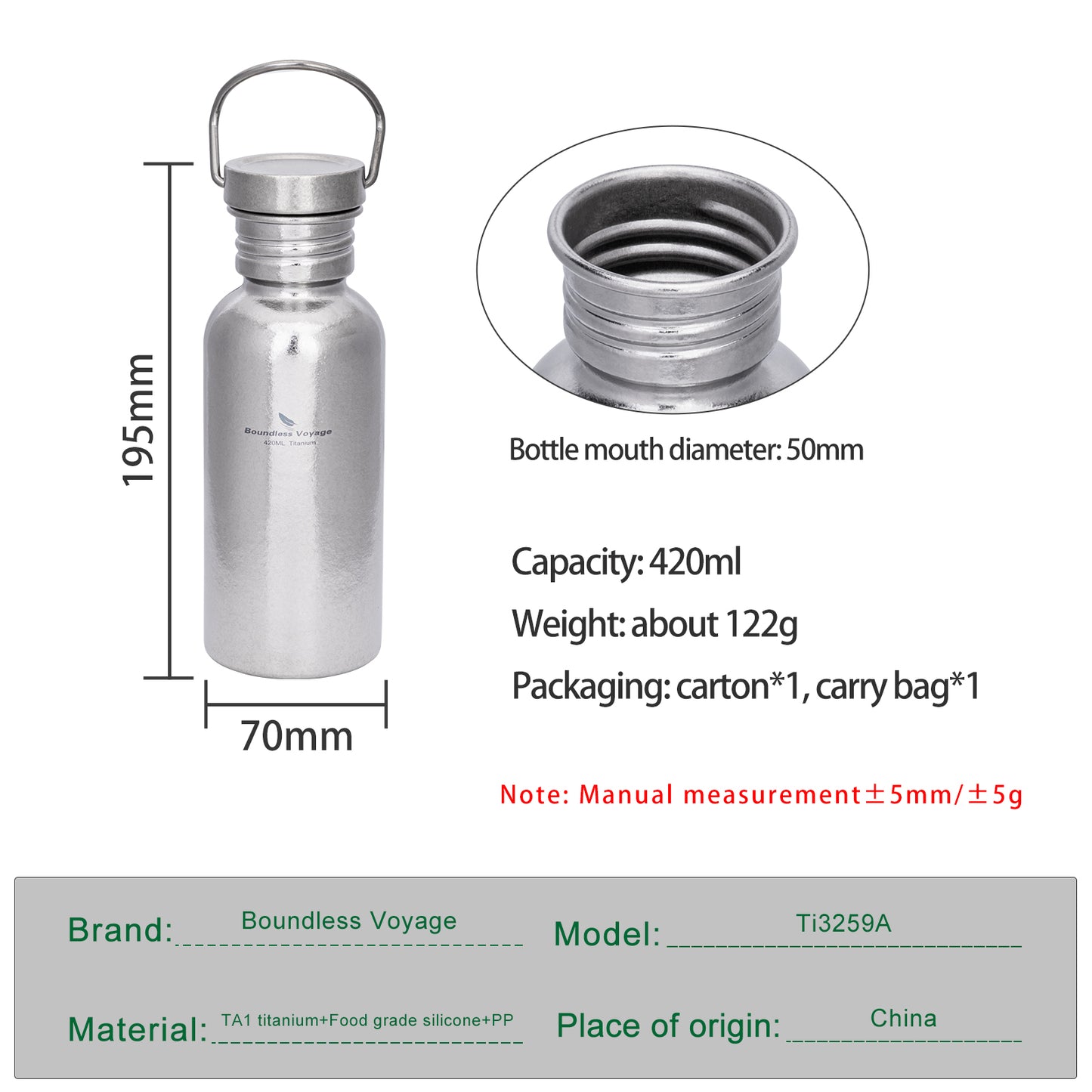 Boundless Voyage Titanium Water Bottle 420ml with Secure Lid, Leak-Proof Reusable Sport Drinking Vessel, Lightweight Outdoor Bottle for Camping, Hiking, Climbing, Running, Tea & Coffee Ti3259A
