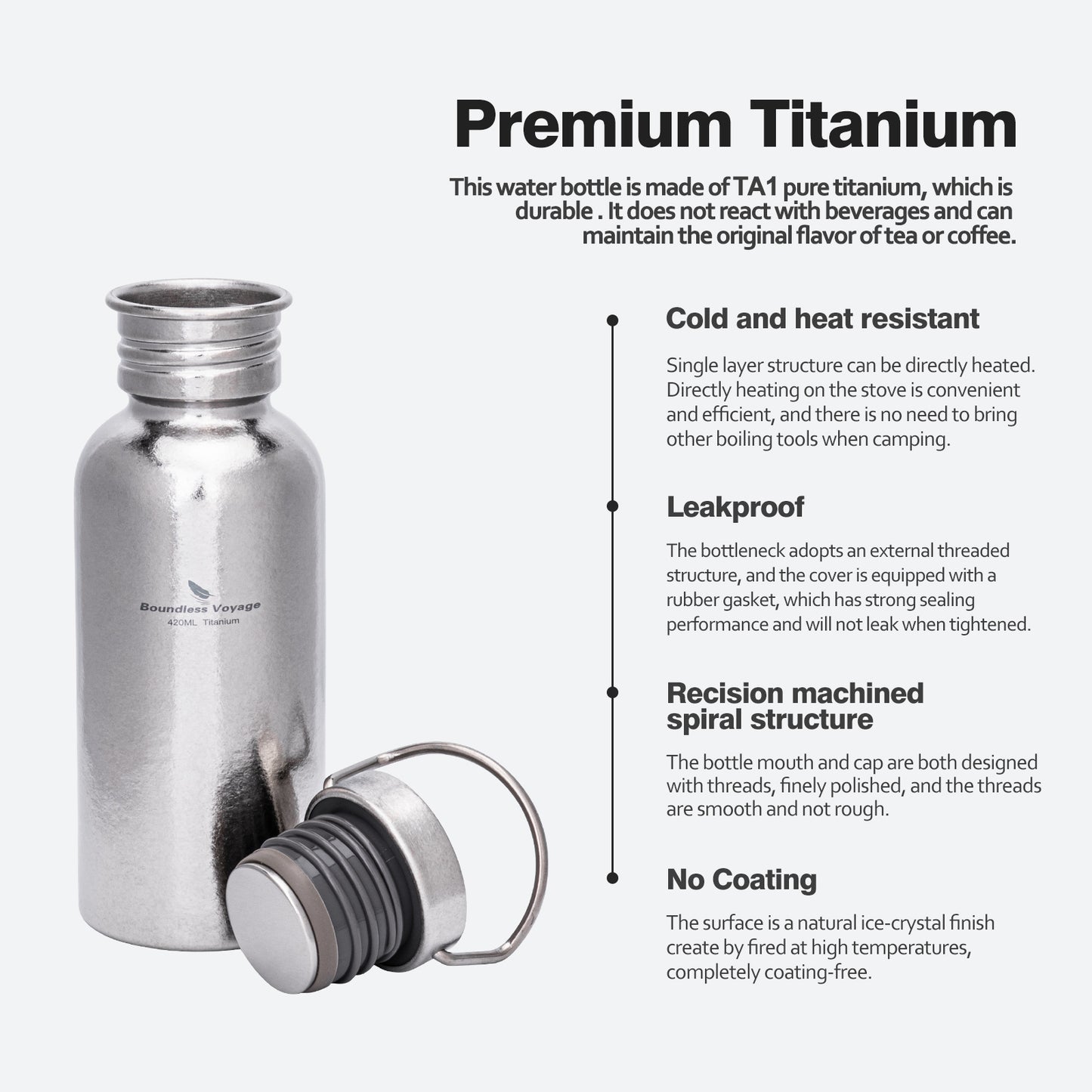 Boundless Voyage Titanium Water Bottle 420ml with Secure Lid, Leak-Proof Reusable Sport Drinking Vessel, Lightweight Outdoor Bottle for Camping, Hiking, Climbing, Running, Tea & Coffee Ti3259A