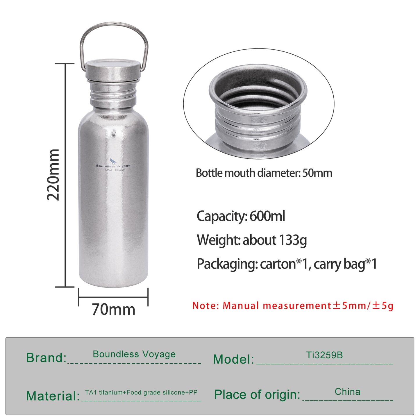 Boundless Voyage Titanium Water Bottle 600ml with Secure Lid, Leak-Proof Reusable Sport Drinking Vessel, Lightweight Outdoor Bottle for Camping, Hiking, Climbing, Running, Tea & Coffee Ti3259A