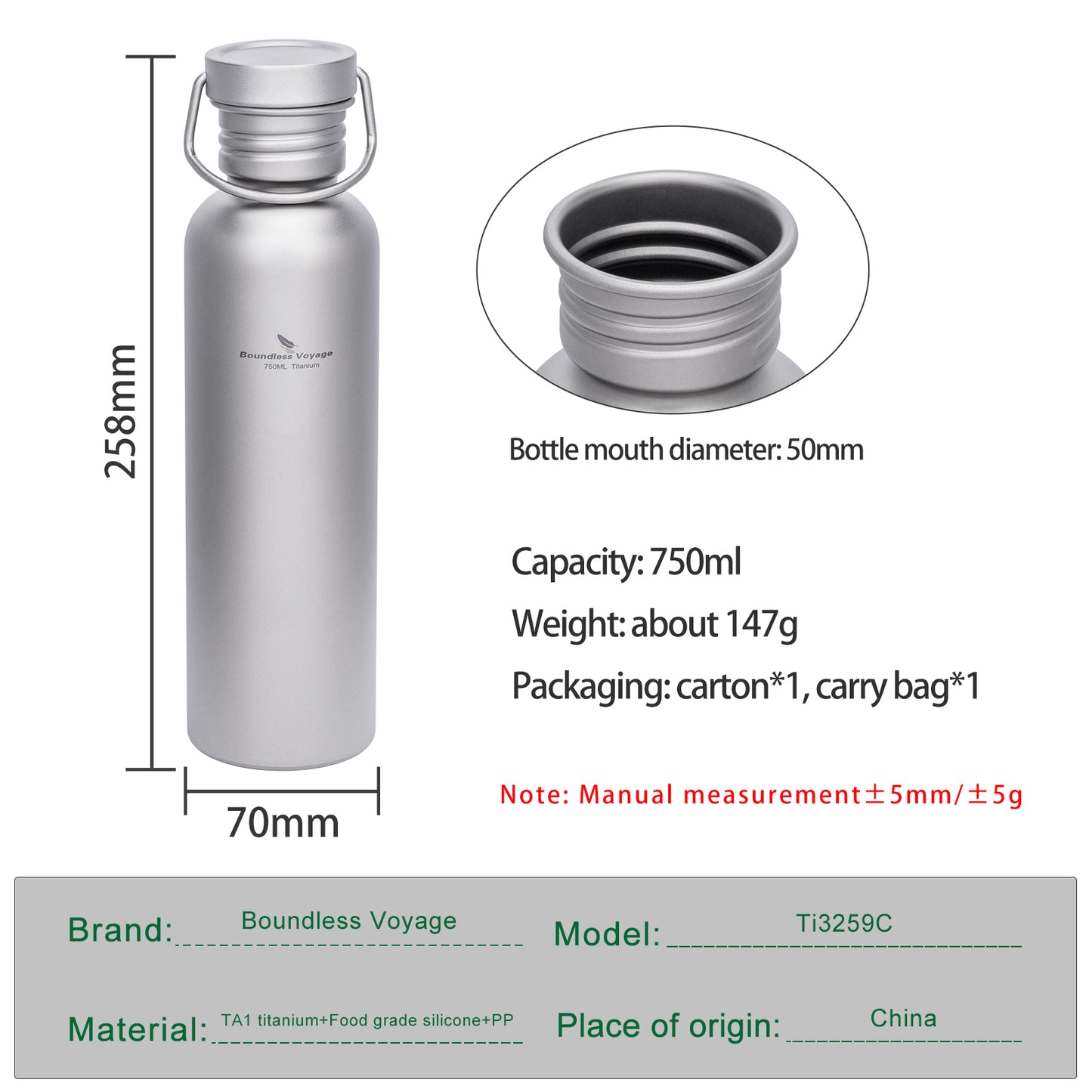 Boundless Voyage Titanium Water Bottle 750ml with Secure Lid, Leak-Proof Reusable Sport Drinking Vessel, Lightweight Outdoor Bottle for Camping, Hiking, Climbing, Running, Tea & Coffee Ti3259C