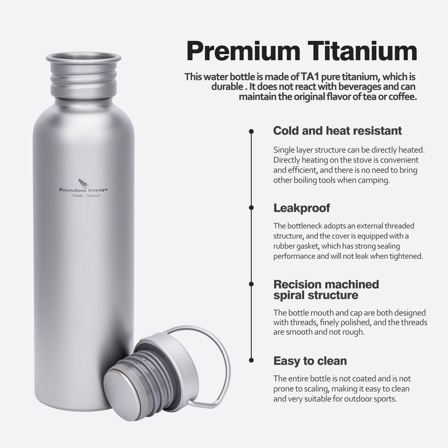 Boundless Voyage Titanium Water Bottle 750ml with Secure Lid, Leak-Proof Reusable Sport Drinking Vessel, Lightweight Outdoor Bottle for Camping, Hiking, Climbing, Running, Tea & Coffee Ti3259C